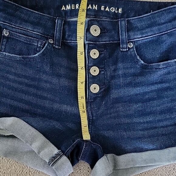 American Eagle Dream Midi Dark Wash Button Fly Jean Shorts - 2 - Picture 10 of 12